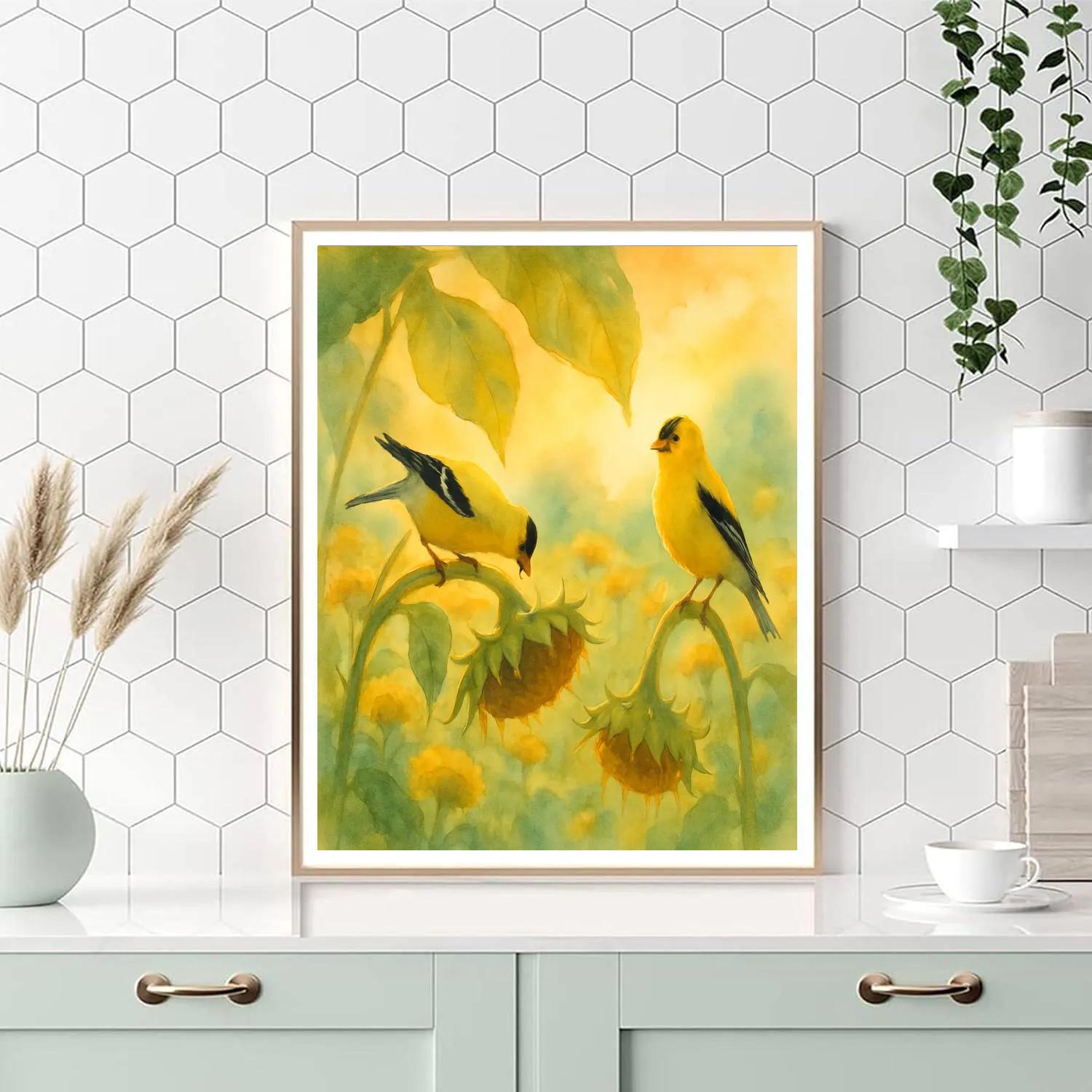 Sunbeam Finches In A Sunflower Patch paint by color