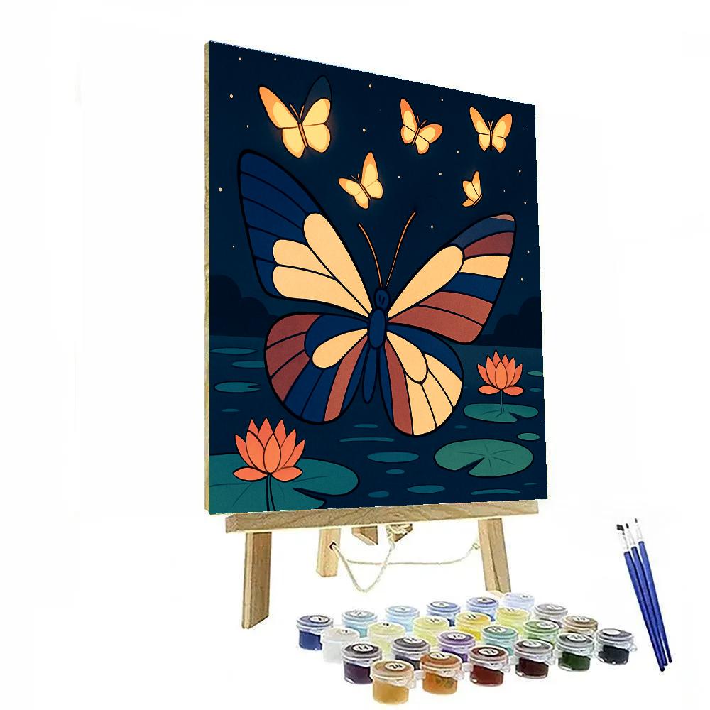 Moonlit Lotus Pond With Butterfly Lantern Flight Painting by numbers kit