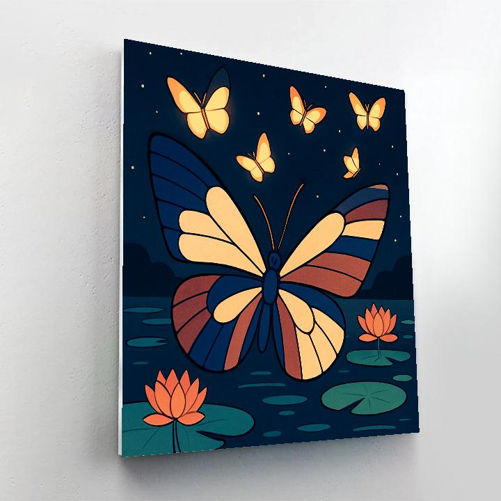 Moonlit Lotus Pond With Butterfly Lantern Flight Painting by numbers kit