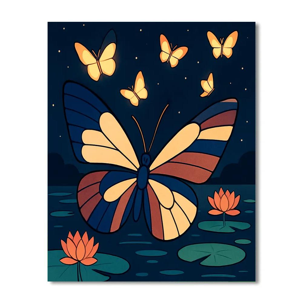 Moonlit Lotus Pond With Butterfly Lantern Flight Painting by numbers kit