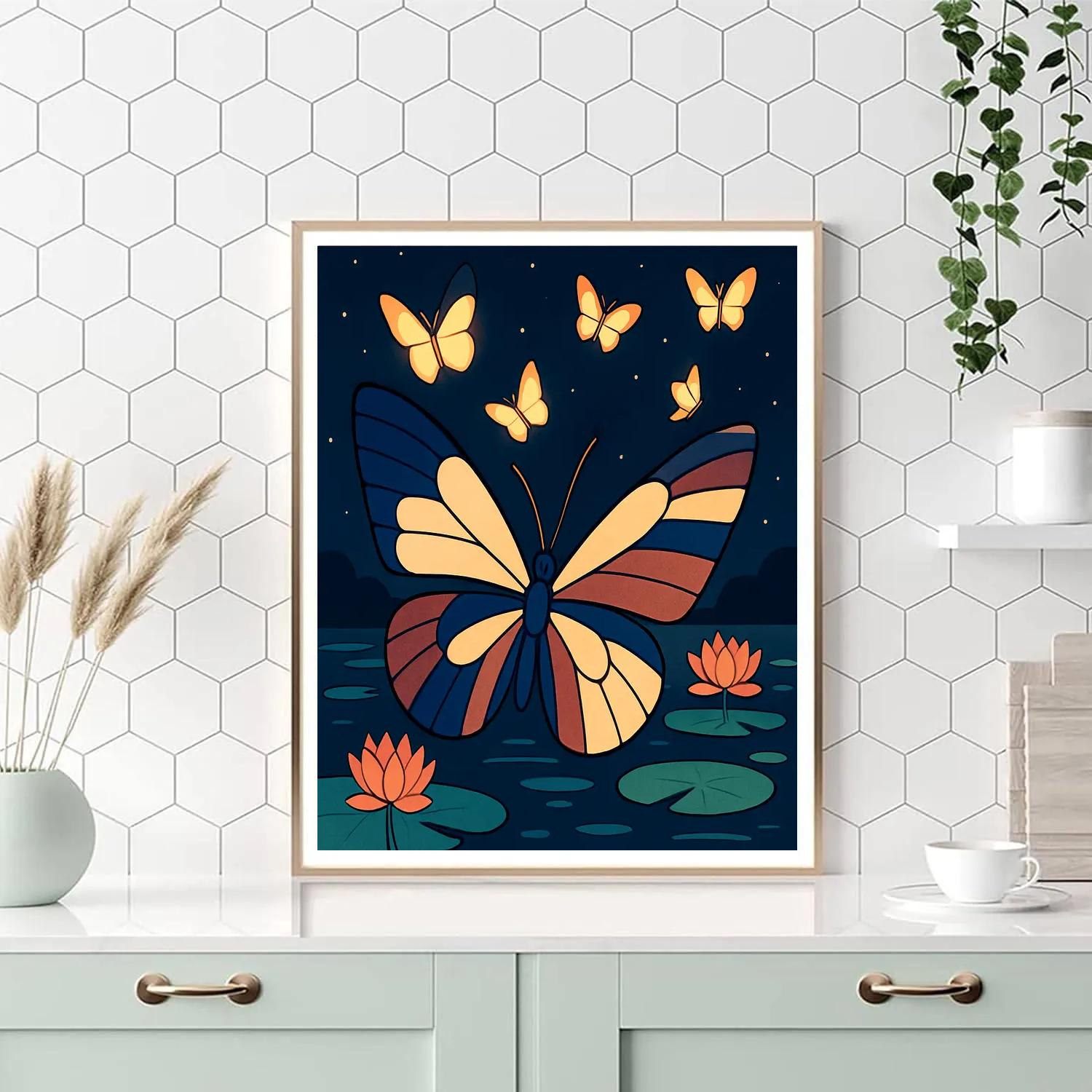 Moonlit Lotus Pond With Butterfly Lantern Flight Painting by numbers kit
