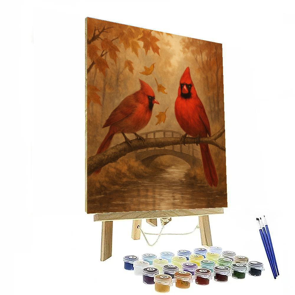 Autumn Cardinals Beside A Cozy Creek Crossing paint by number