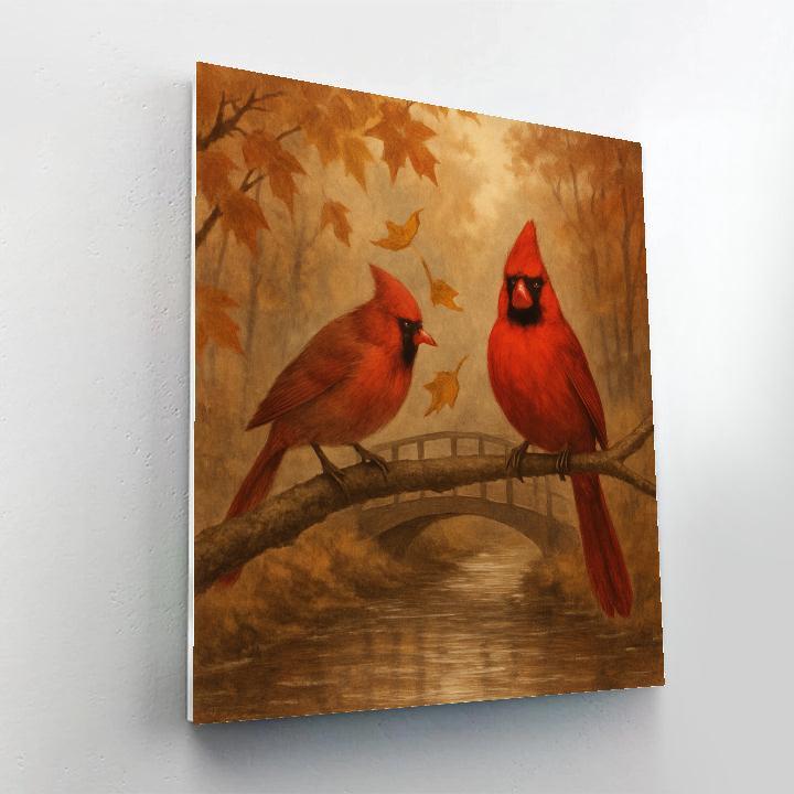 Autumn Cardinals Beside A Cozy Creek Crossing paint by number