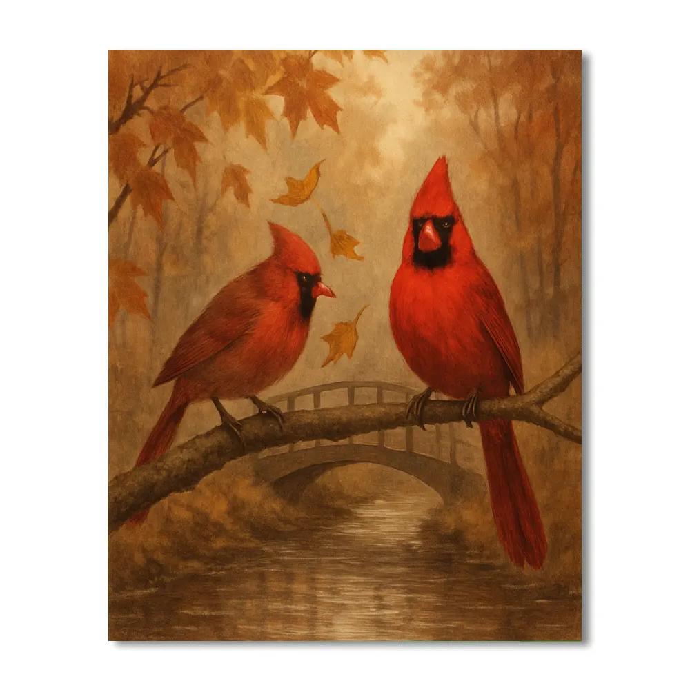 Autumn Cardinals Beside A Cozy Creek Crossing paint by number
