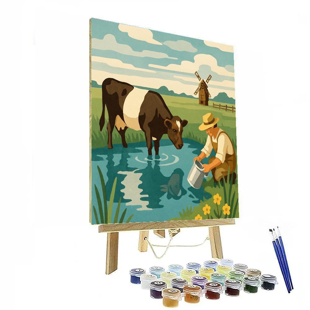 Windmill Reflections With Cow paint by numbers