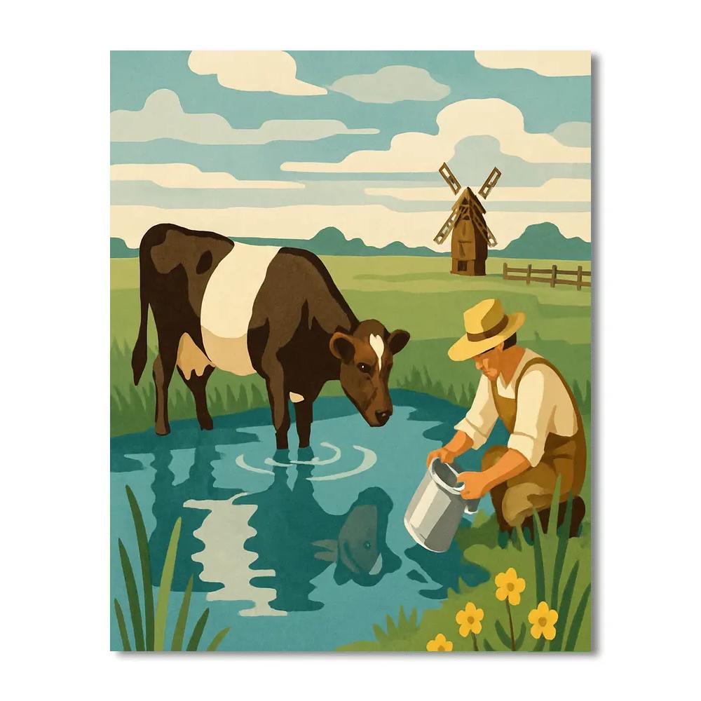 Windmill Reflections With Cow paint by numbers