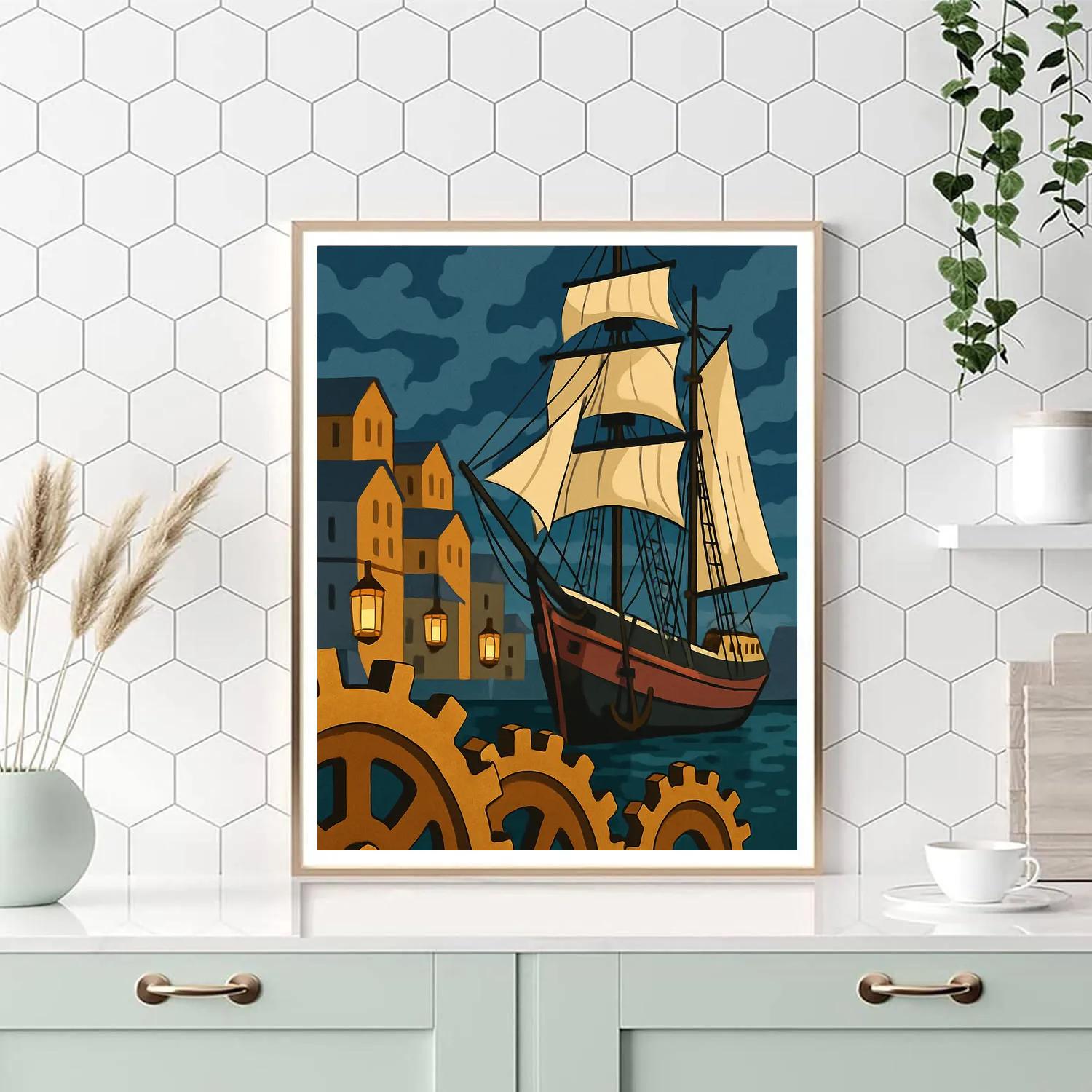 Clockwork Harbor With Ship Lanterns painting number kit