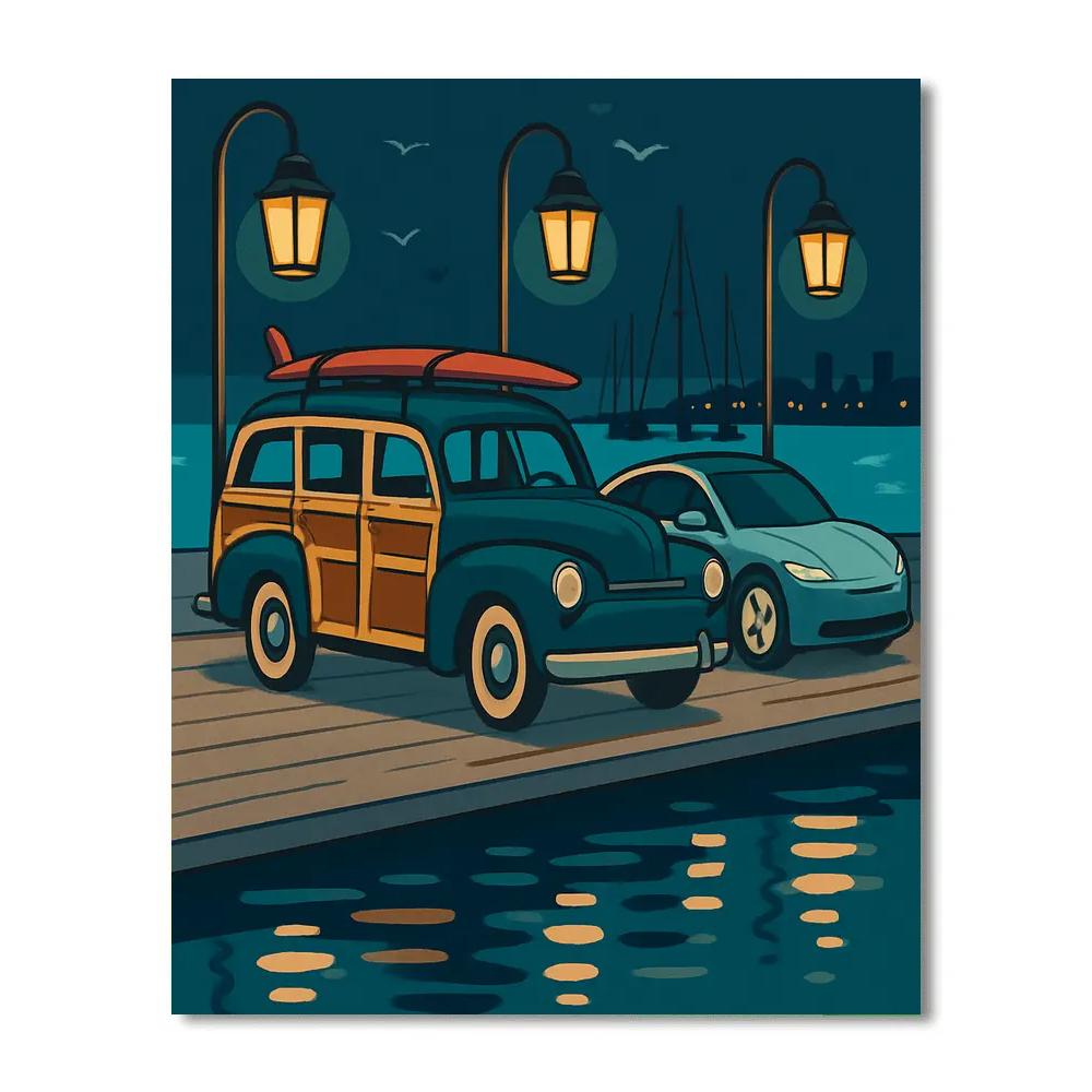 Midnight Harbor Parade With Cars paint by color