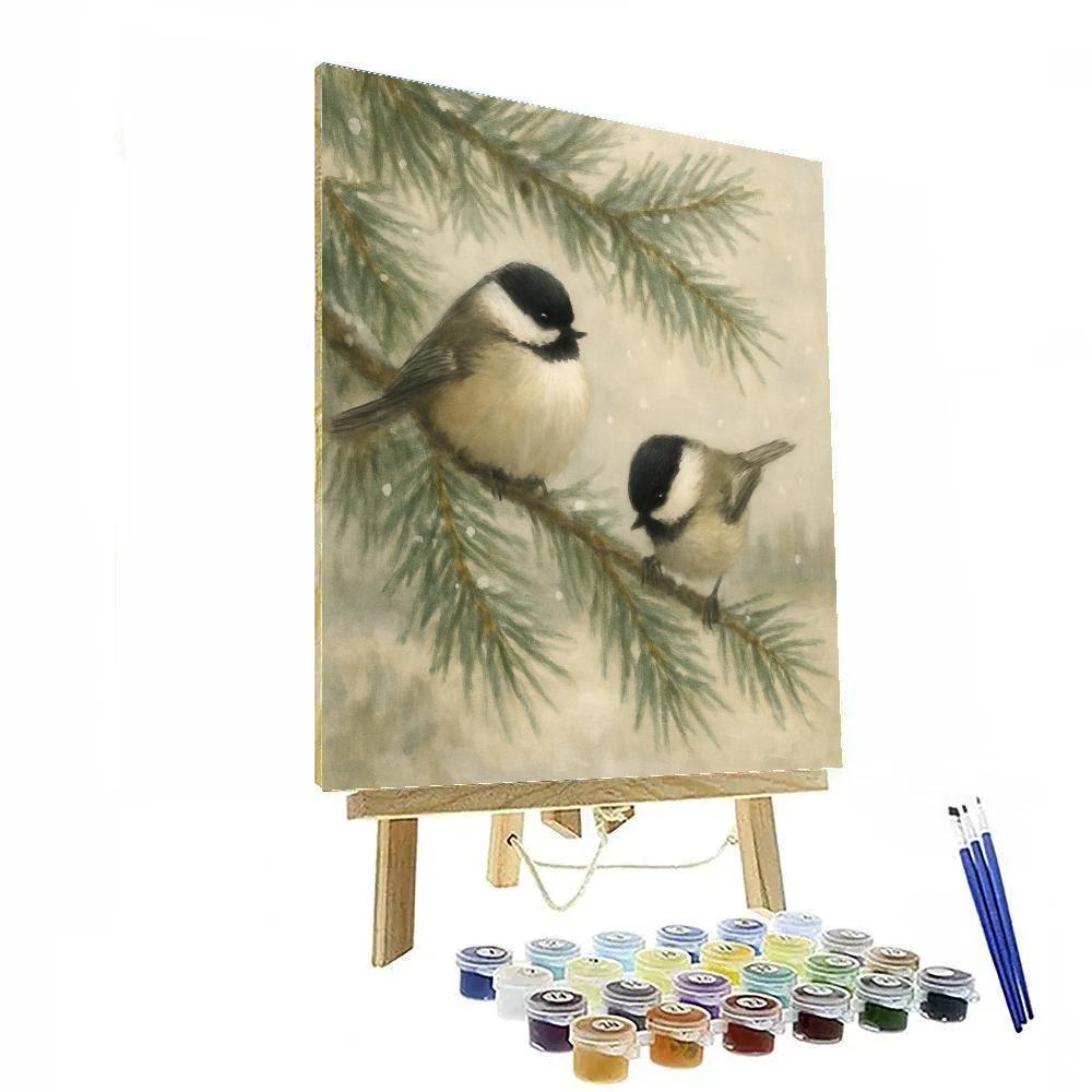 Snowy Chickadees In The Pine Window View Number painting