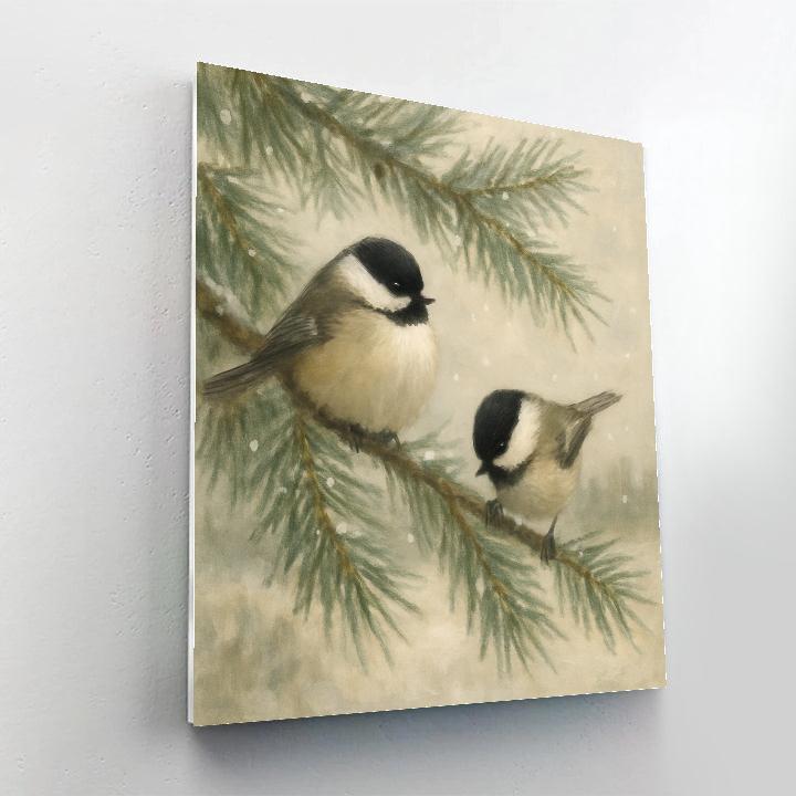 Snowy Chickadees In The Pine Window View Number painting