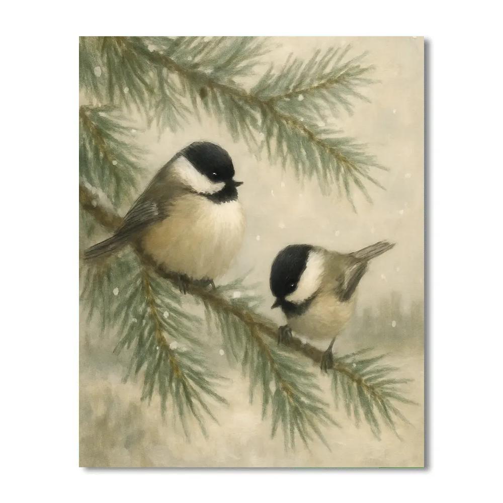 Snowy Chickadees In The Pine Window View Number painting