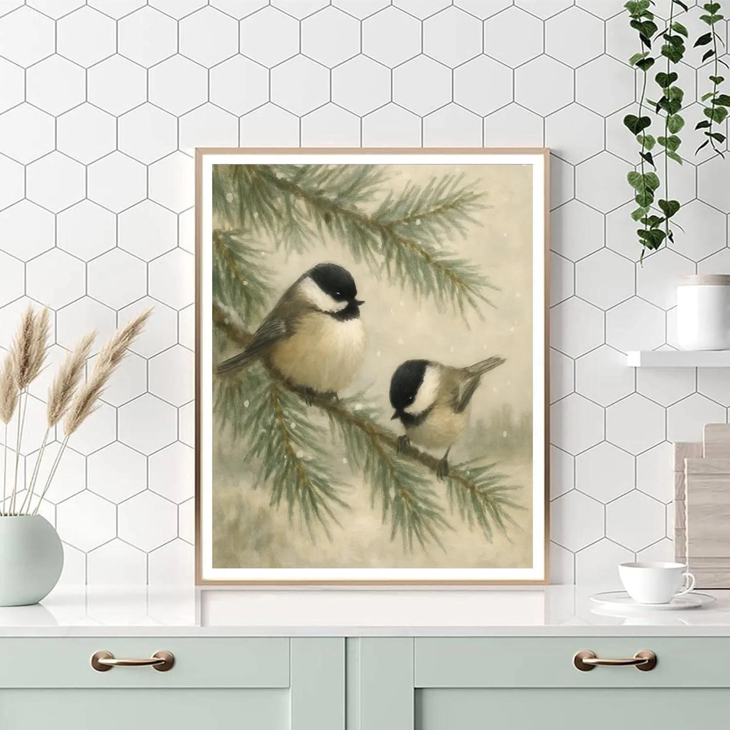 Snowy Chickadees In The Pine Window View Number painting