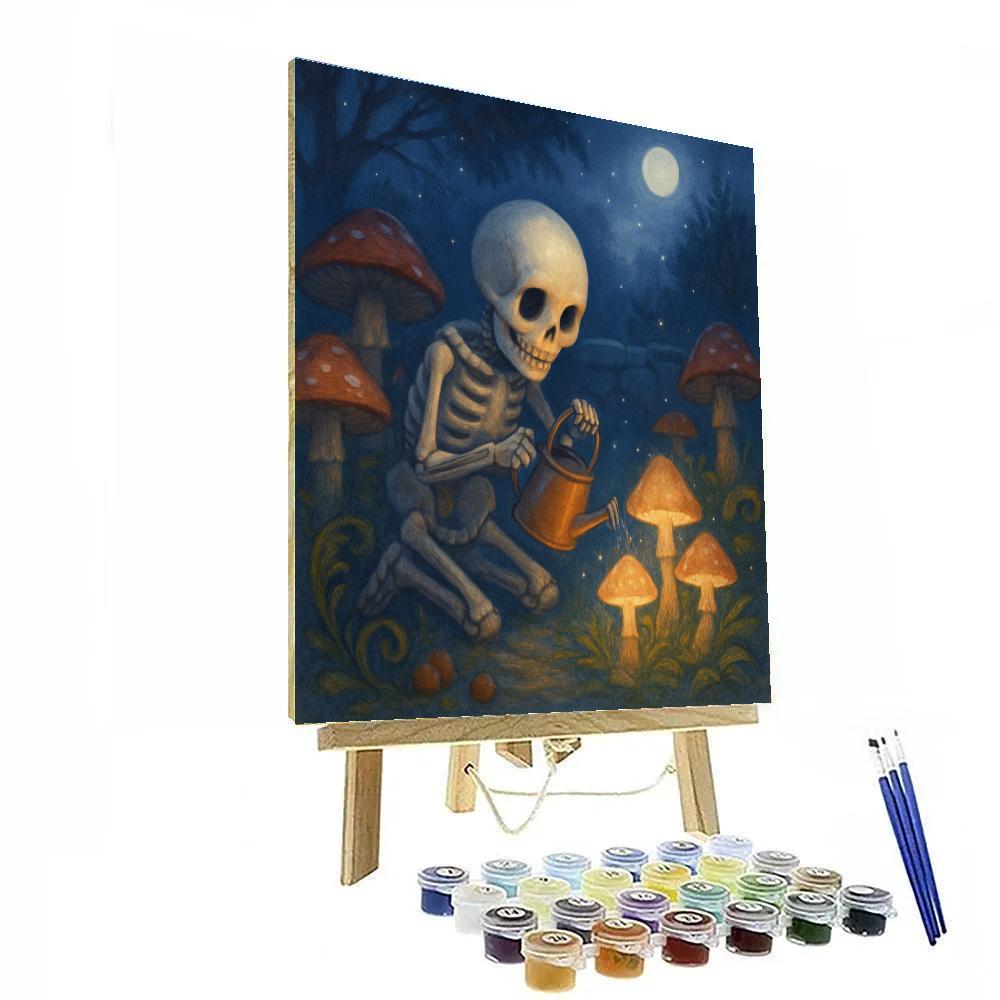 Moonlit Mushroom Garden Of The Little Skeleton paint by number