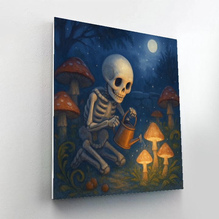 Moonlit Mushroom Garden Of The Little Skeleton paint by number