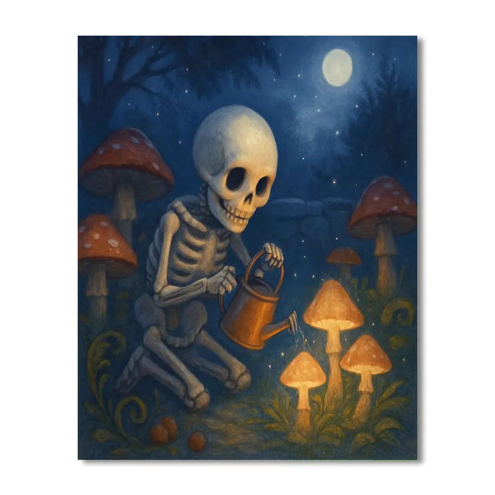 Moonlit Mushroom Garden Of The Little Skeleton paint by number