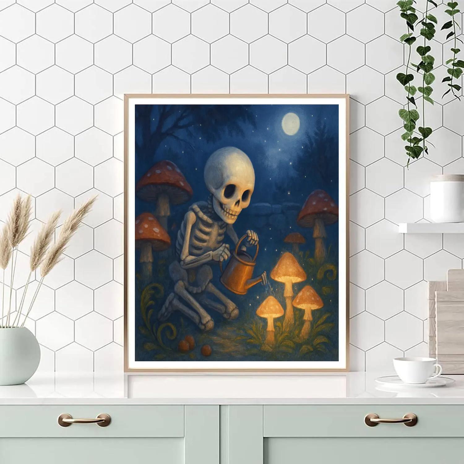Moonlit Mushroom Garden Of The Little Skeleton paint by number