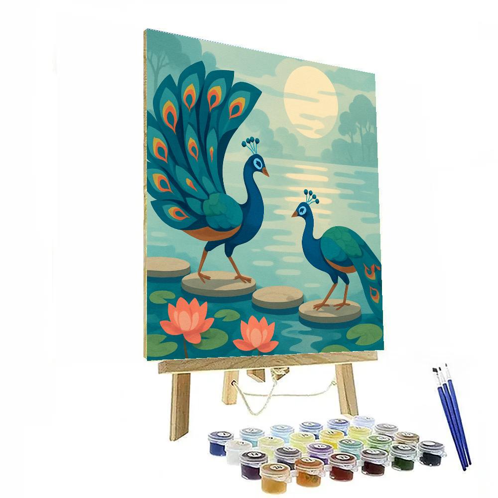 Moonlit Lotus Courtship With Peacock Numbered painting kits