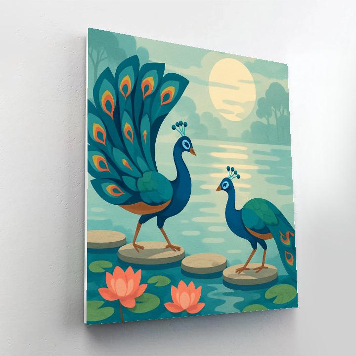 Moonlit Lotus Courtship With Peacock Numbered painting kits