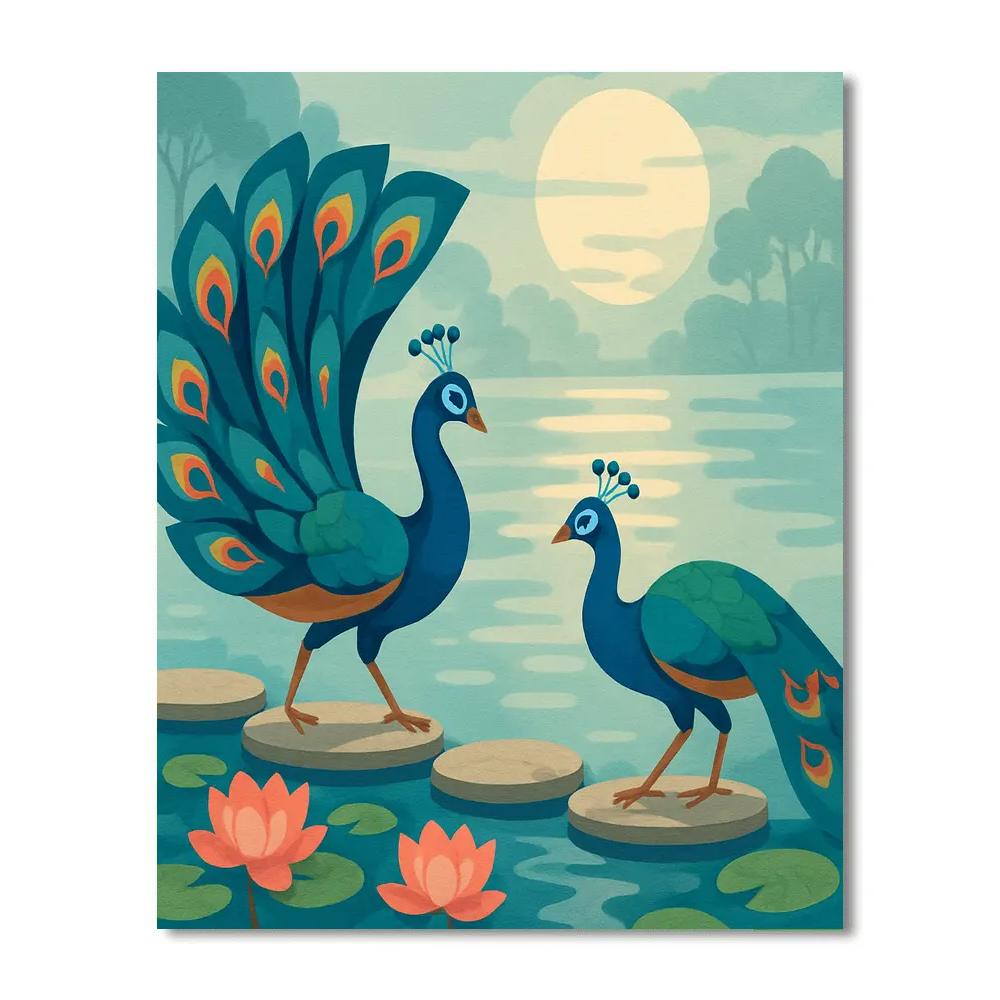 Moonlit Lotus Courtship With Peacock Numbered painting kits