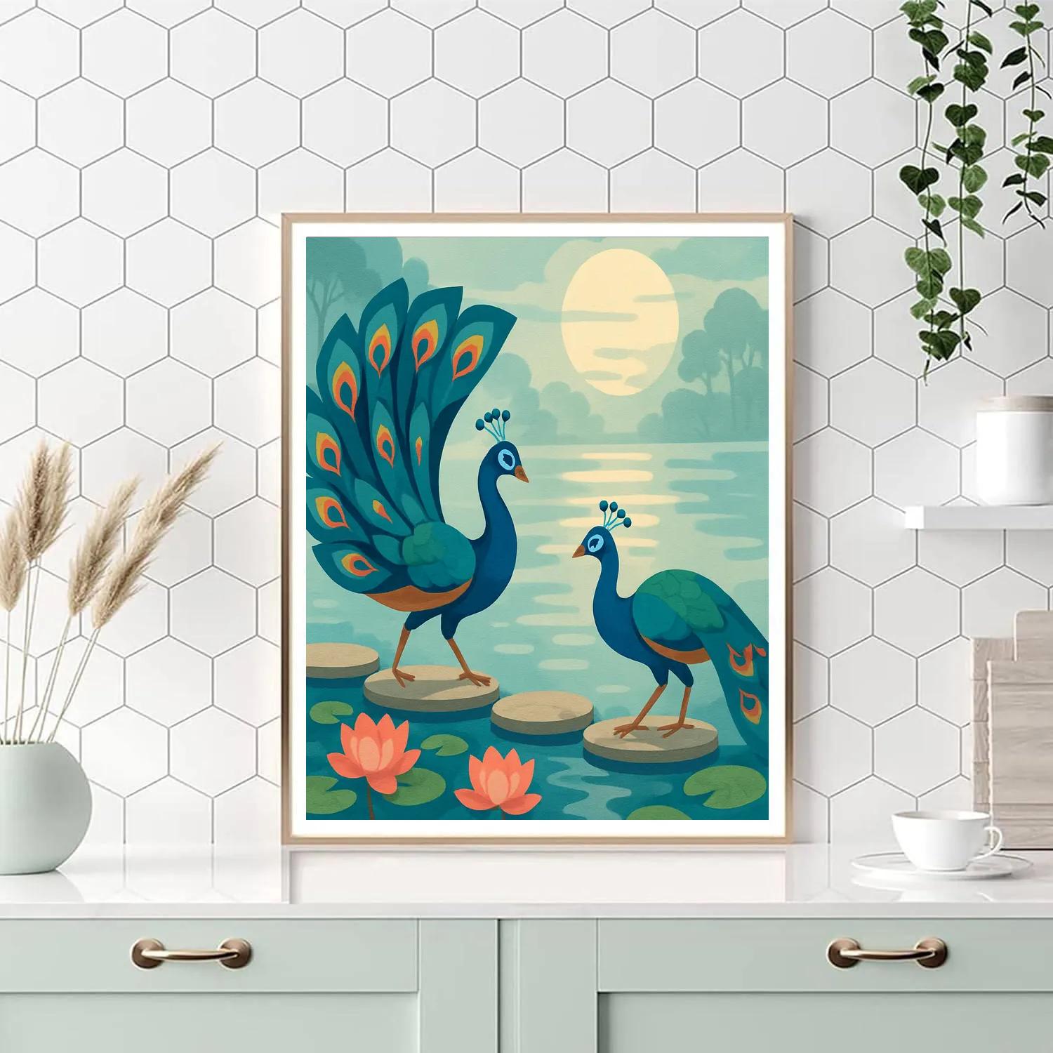 Moonlit Lotus Courtship With Peacock Numbered painting kits