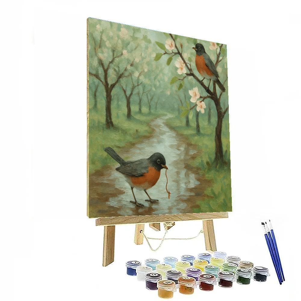 Robins In The Rainwashed Spring Orchard Number painting