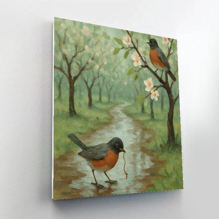 Robins In The Rainwashed Spring Orchard Number painting