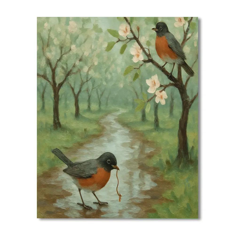 Robins In The Rainwashed Spring Orchard Number painting