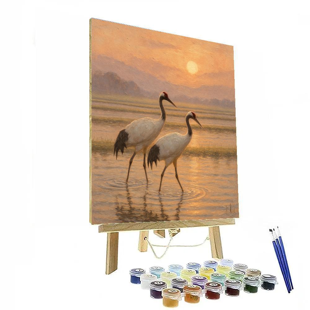 Cranes Above The Quiet Rice Field Sunrise Paint by numbers art
