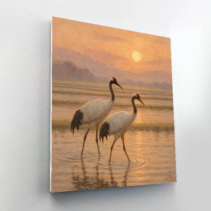 Cranes Above The Quiet Rice Field Sunrise Paint by numbers art