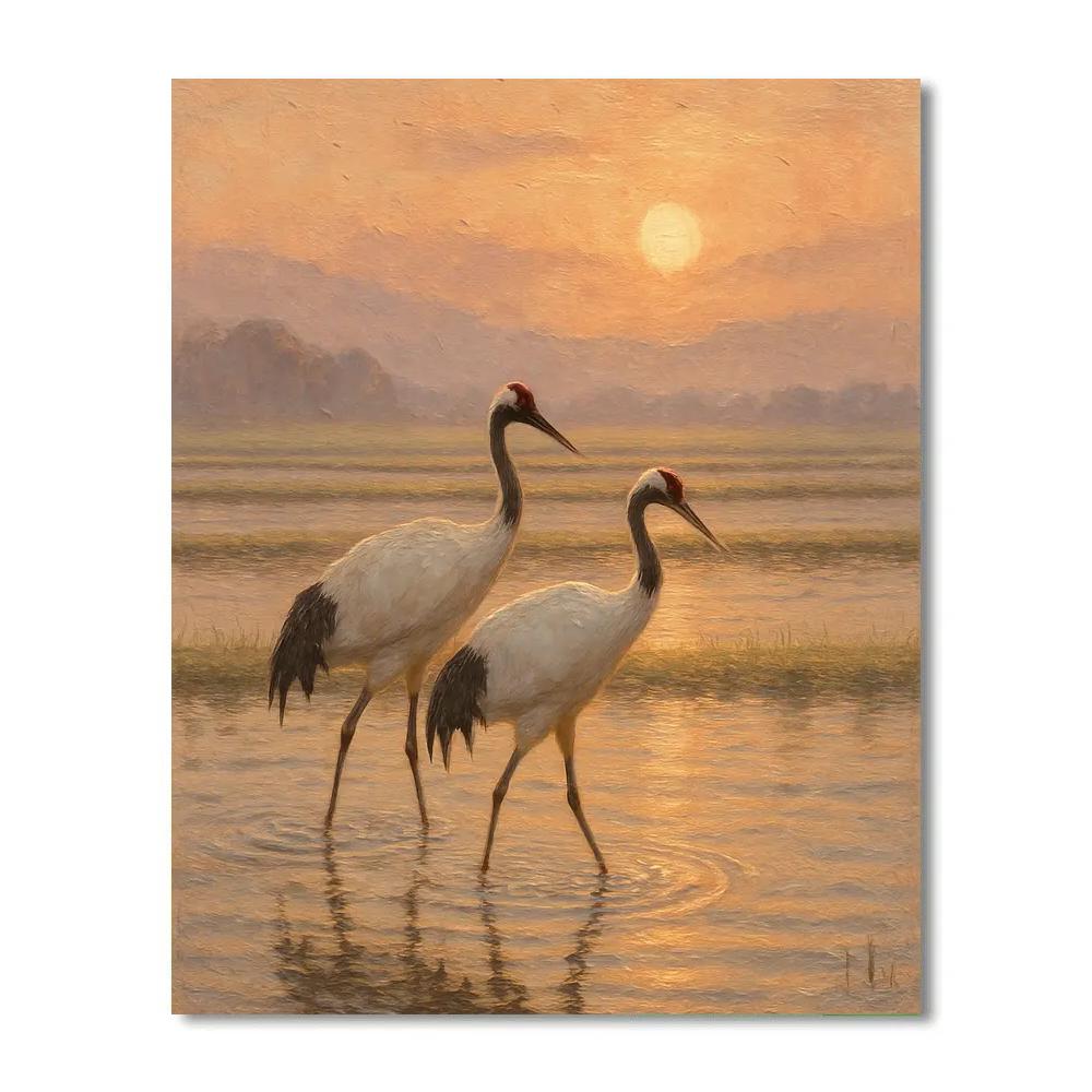 Cranes Above The Quiet Rice Field Sunrise Paint by numbers art