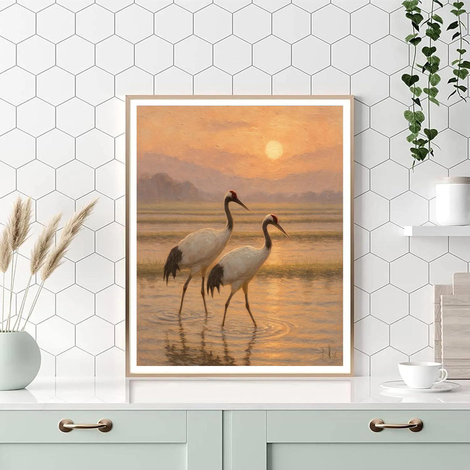 Cranes Above The Quiet Rice Field Sunrise Paint by numbers art