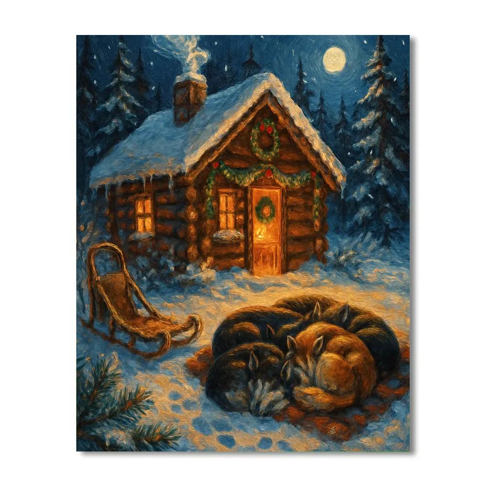 Hearthlight Cabin And The Sleeping Sled Dogs painting number kit