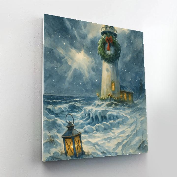 Snowy Lighthouse Wreath At The Frozen Shore painting number kit