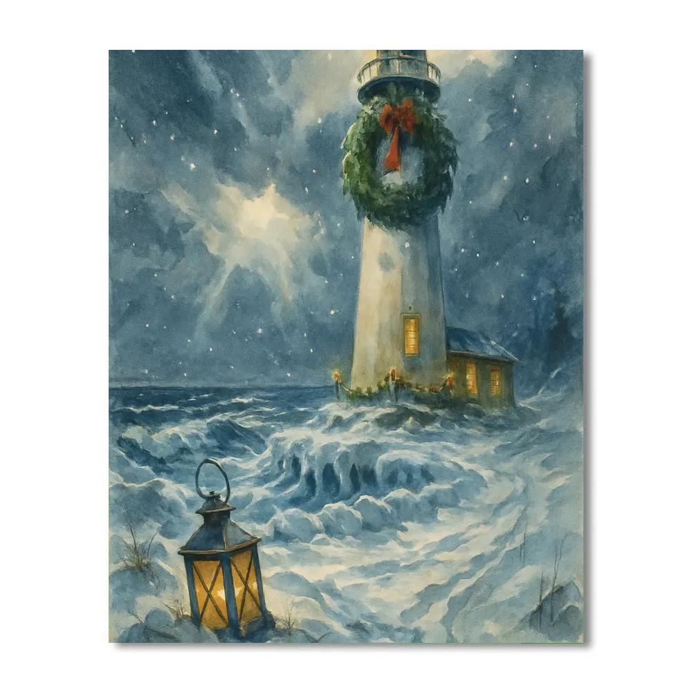 Snowy Lighthouse Wreath At The Frozen Shore painting number kit