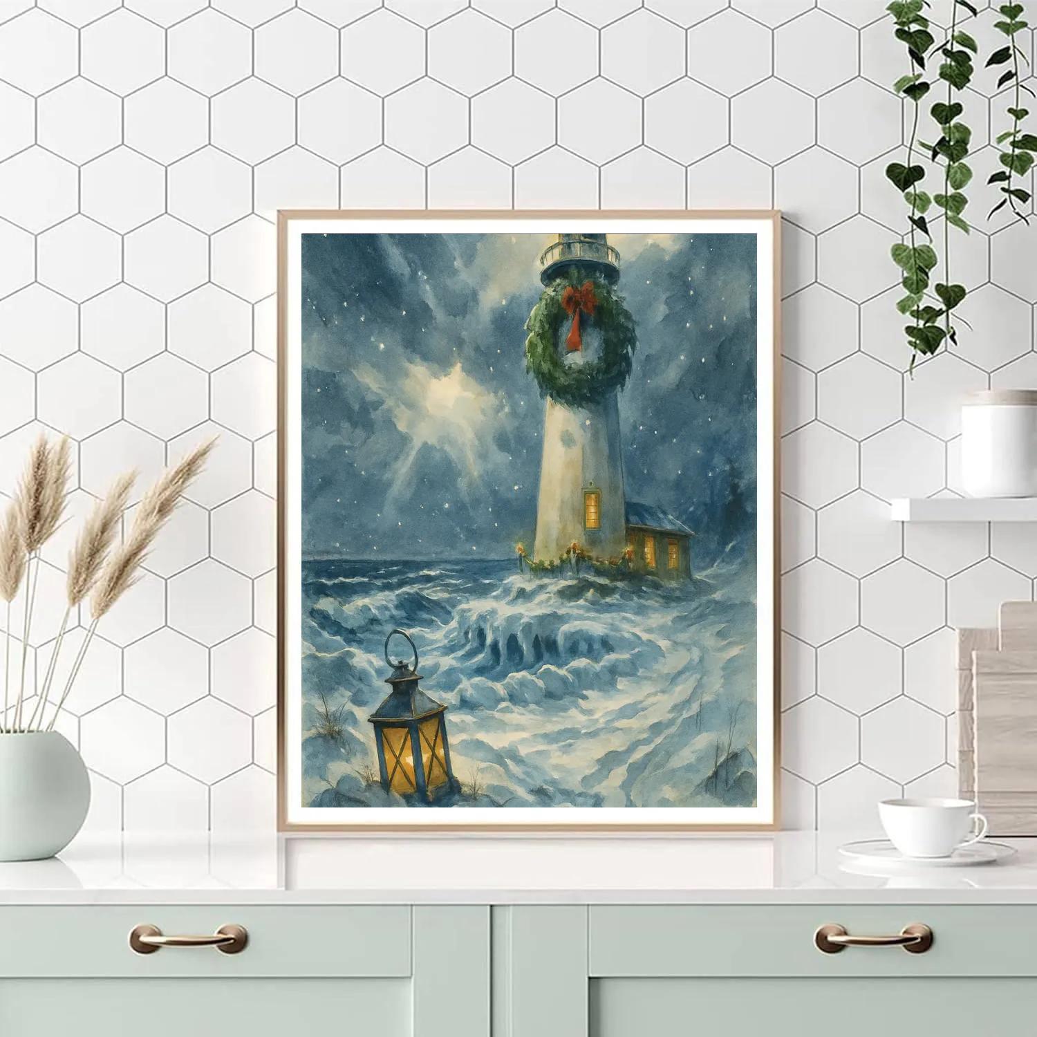Snowy Lighthouse Wreath At The Frozen Shore painting number kit