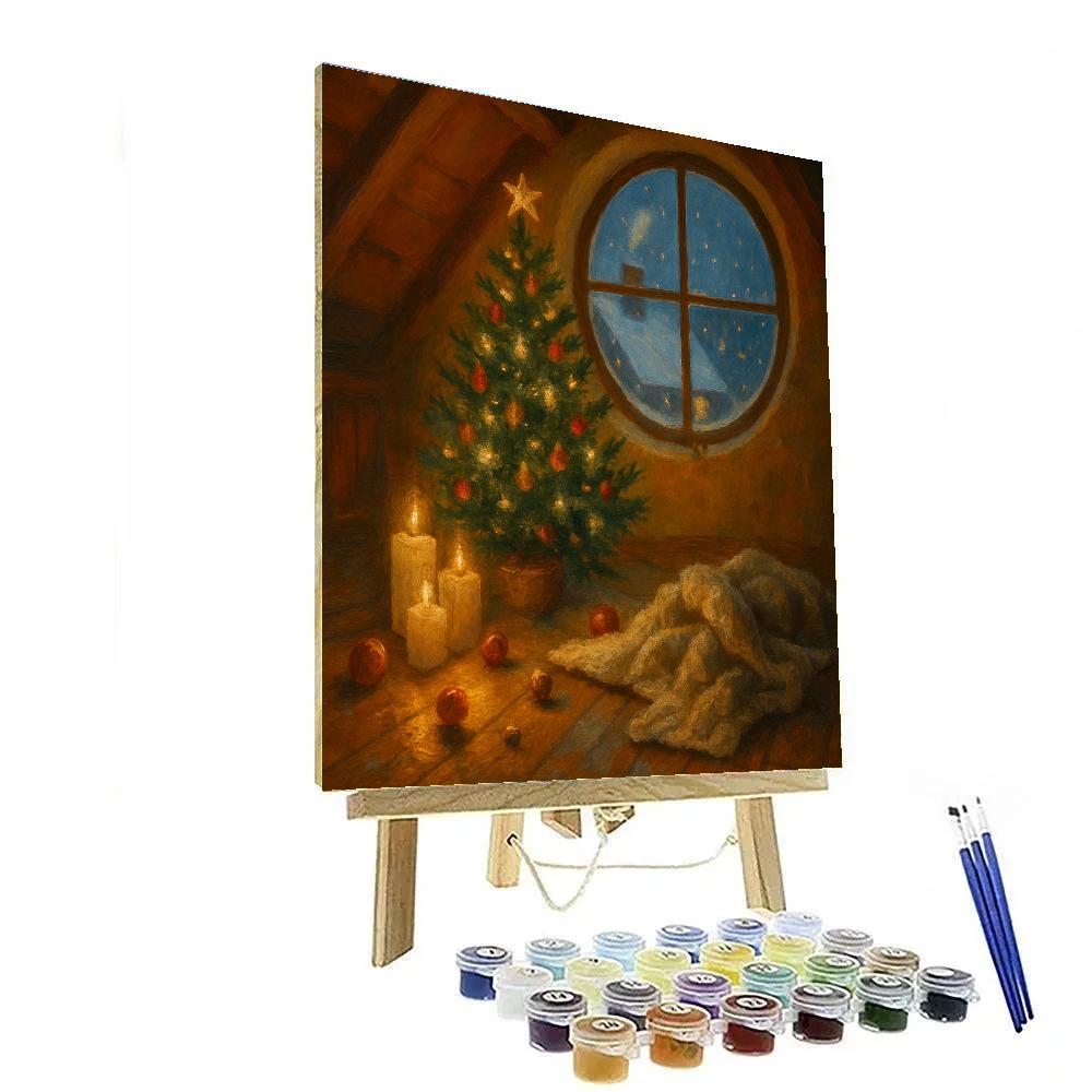 Cozy Attic Tree And The Falling Snow Outside Paint by numbers art