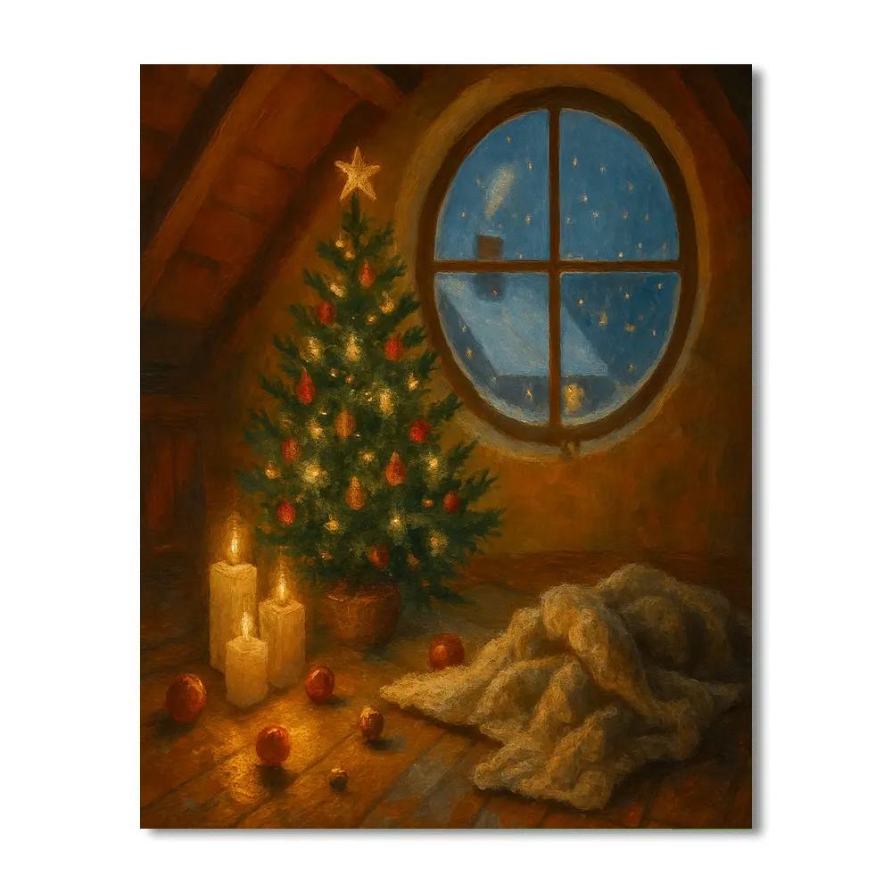 Cozy Attic Tree And The Falling Snow Outside Paint by numbers art