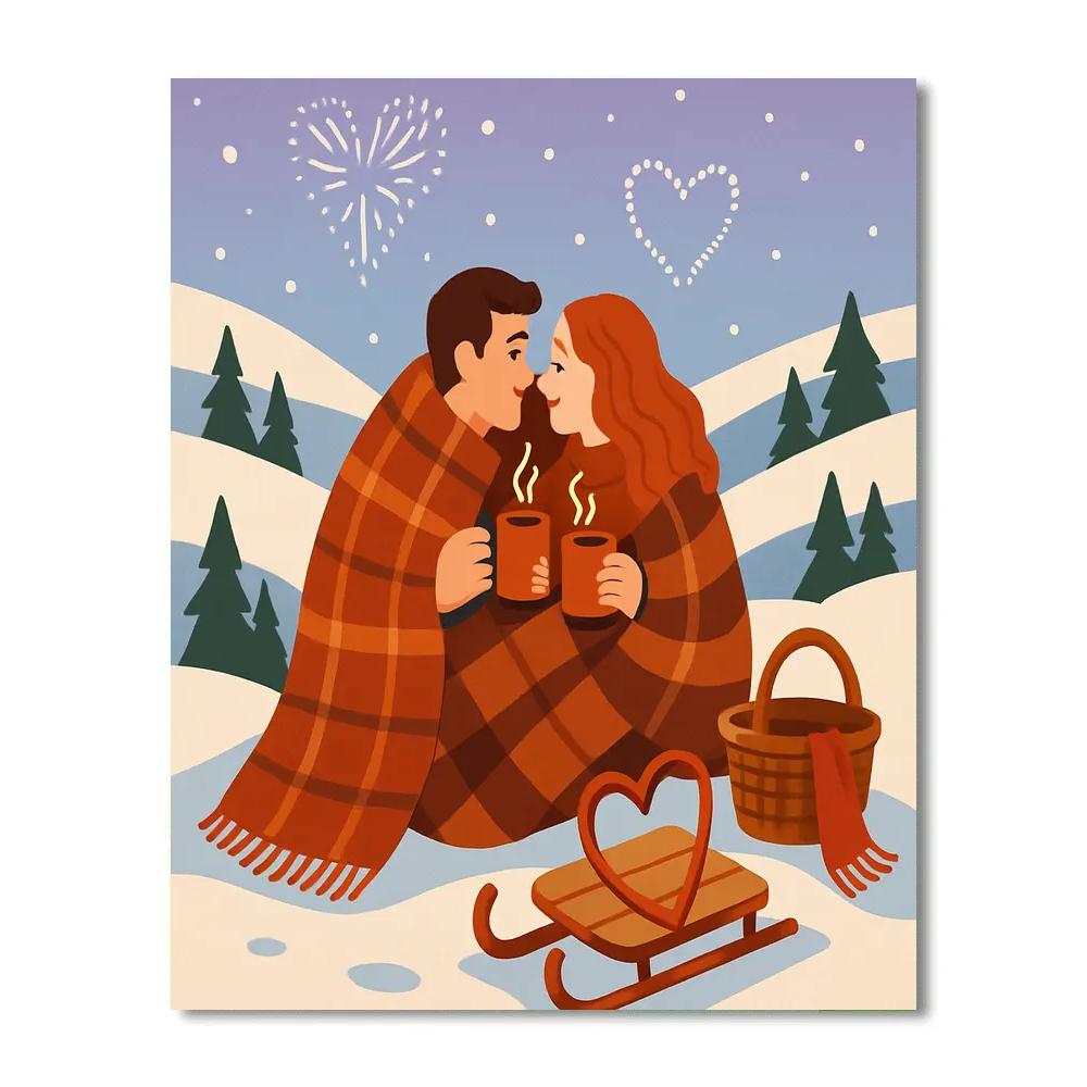 Snowy Hilltop Picnic Valentines Day Escape Number painting