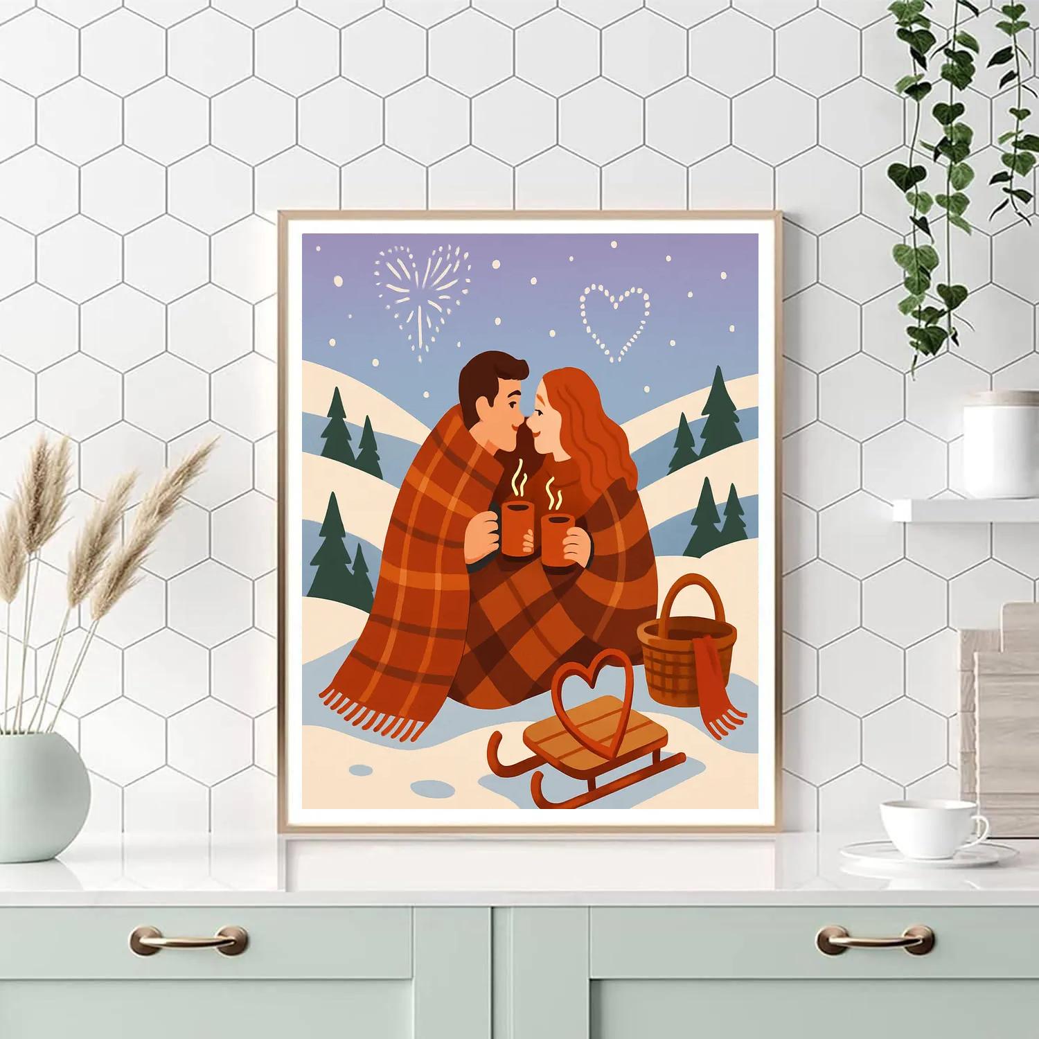Snowy Hilltop Picnic Valentines Day Escape Number painting