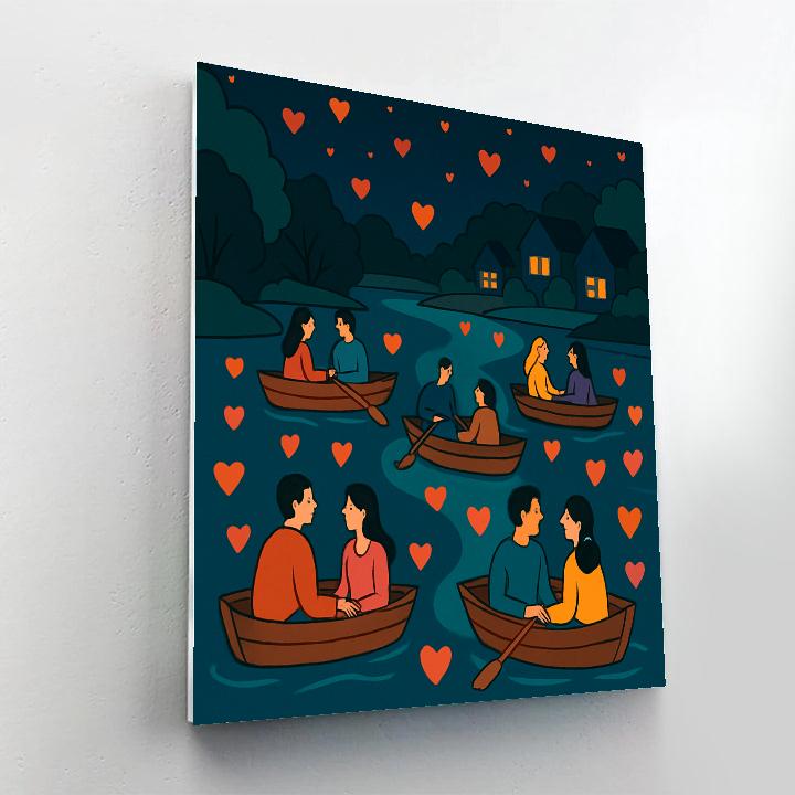 Valentines Day Riverside Lantern Boat Drift painting number kit