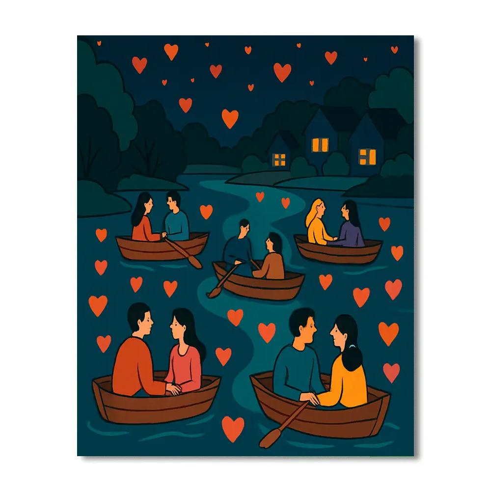 Valentines Day Riverside Lantern Boat Drift painting number kit