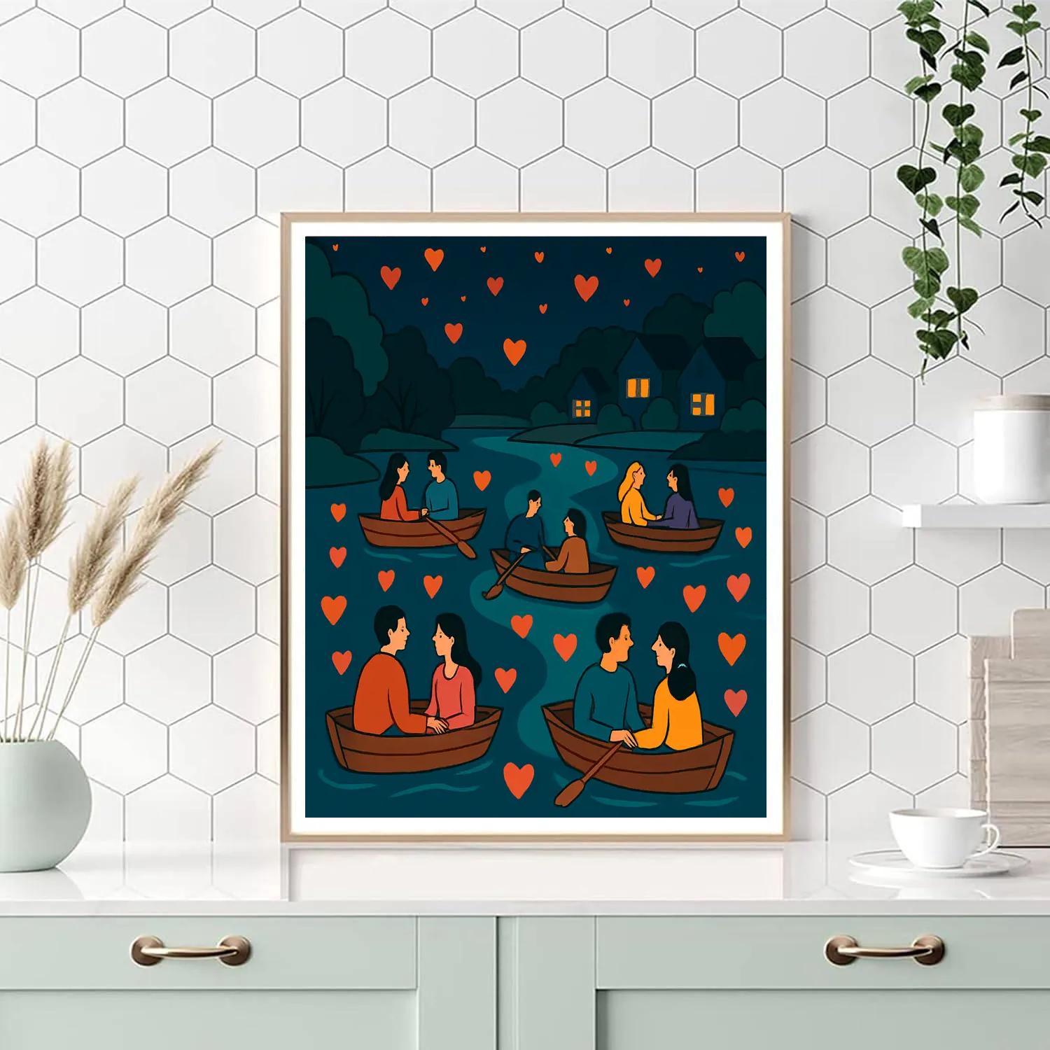 Valentines Day Riverside Lantern Boat Drift painting number kit