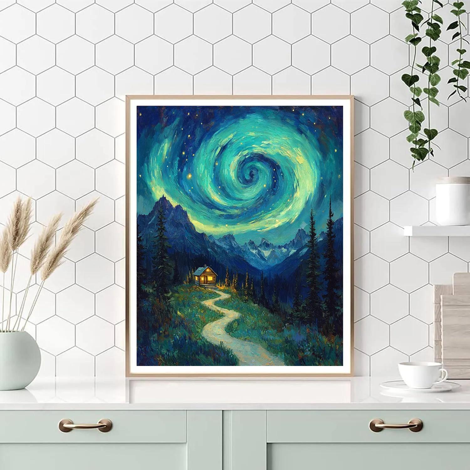 Van Gogh Inspired Aurora Mountain Pass paint by color
