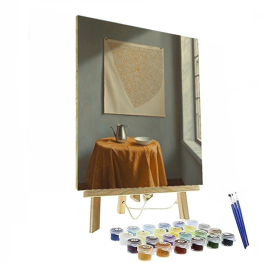 Johannes Vermeer Inspired Sunlit Map On Quiet Wall With Pewter Pitcher DIY paint by numbers