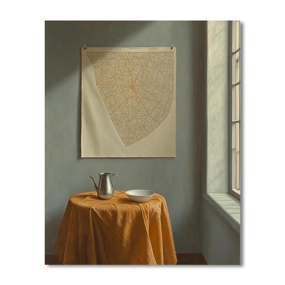 Johannes Vermeer Inspired Sunlit Map On Quiet Wall With Pewter Pitcher DIY paint by numbers