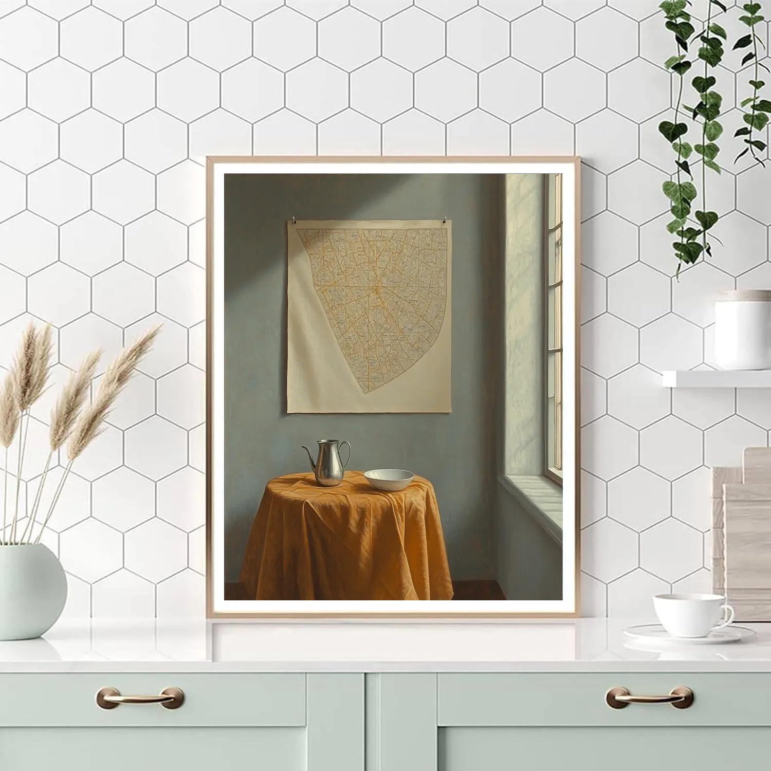 Johannes Vermeer Inspired Sunlit Map On Quiet Wall With Pewter Pitcher DIY paint by numbers