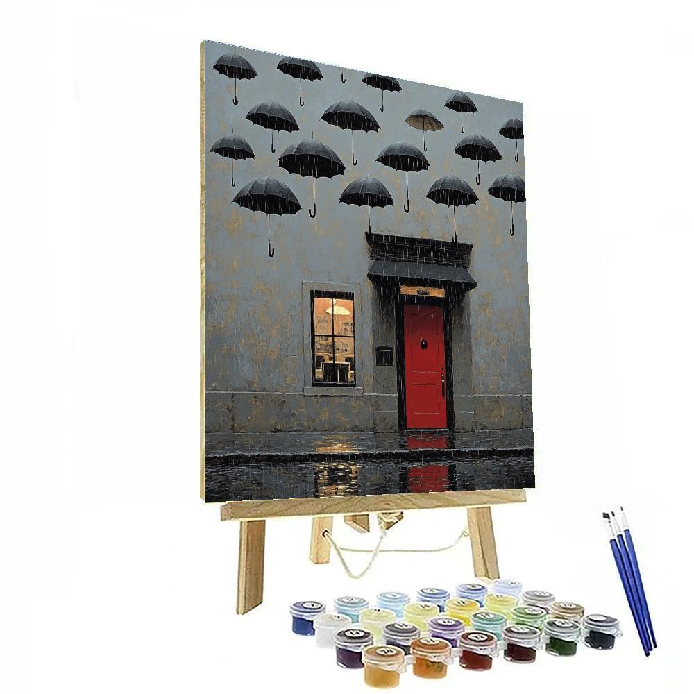 René Magritte Inspired Floating Umbrellas Rain paint by numbers