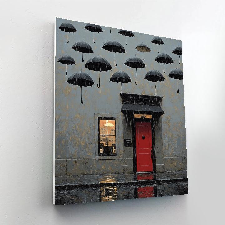 René Magritte Inspired Floating Umbrellas Rain paint by numbers