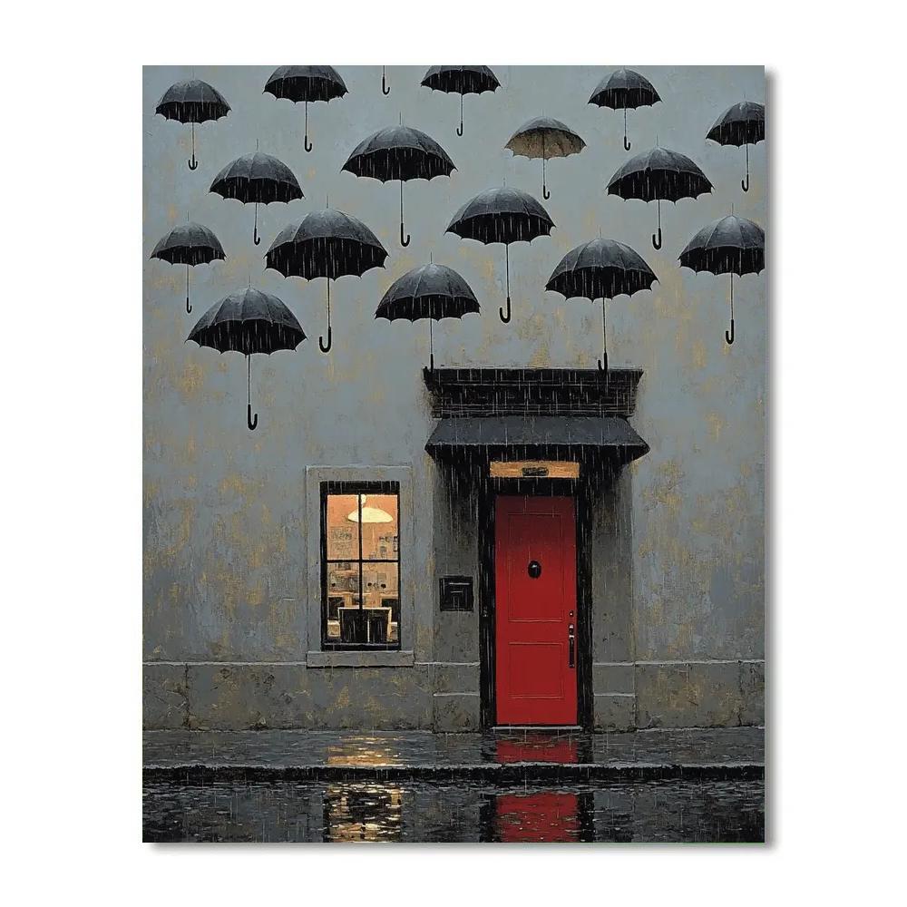 René Magritte Inspired Floating Umbrellas Rain paint by numbers