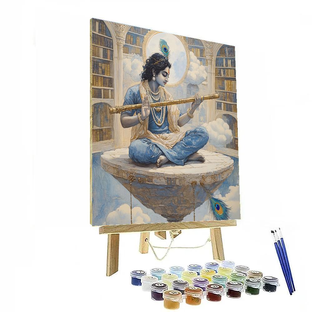 Krishna Playing Flute In A Floating Library Temple paint by color